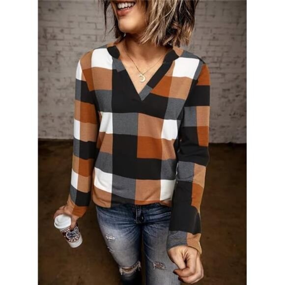 Womens Basic Casual V Neck Plaid Print Cotton Cuffed Long Sleeve Tops Blouses‎ - Picture 3 of 5